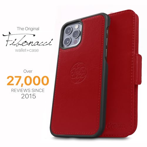 Image of dreem Fibonacci 2-in-1 Wallet Case for Apple iPhone 12 & 12 Pro - Luxury Vegan Leather, Magnetic Detachable Shockproof Phone Case, RFID Card Protection, 2-Way Flip Stand - Red