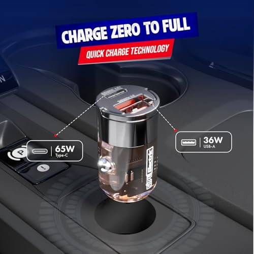 Image of 101W Fast Car Charger with QC Dual Output Type-C PD (65W) & USB-A (36W) for iPhone, Android Smartphone, MacBook, Power Bank, Earbud & Tablet | Compact, Heat & Surge Protection (Transparent)