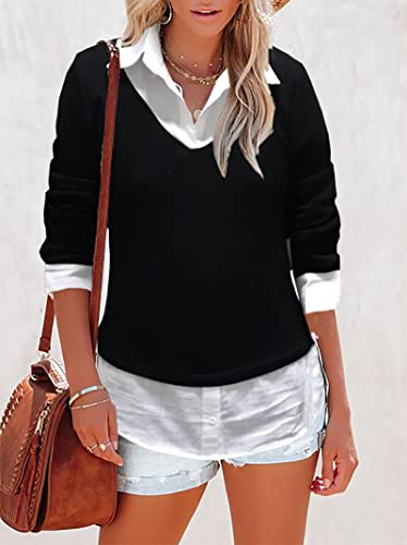 Oyamiki Women's Casual Collared Curved Hem 2 in 1 Pullover Tops Plaid Contrast Shirt Blouse2