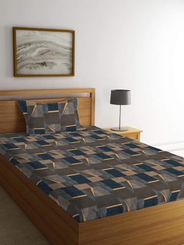 LOOMLYFE 300 TC Cotton Feel Glace Elastic Fitted Printed Single Bed Bedsheet with 1 Pillow Cover Fits Upto 6 Inches Mattress,Size- 42X75X8 Inches, CoffeeBlueBox