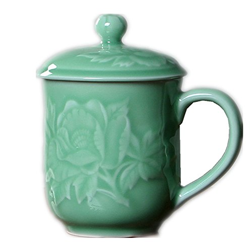Teacups 13oz Coffee Mugs with Lid Porcelain Cups Embossed with Peony Chinese Celadon(01-Green)
