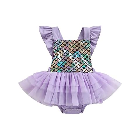 BemeyourBBs 0-24M Newborn Baby Girls Mermaid Clothes Infant Summer Romper Dress Fly Sleeve Mermaid Scale Print Tulle Splicing Tutu Bodysuit One-Piece Clothes (Purple, 6-12 Months) Cover