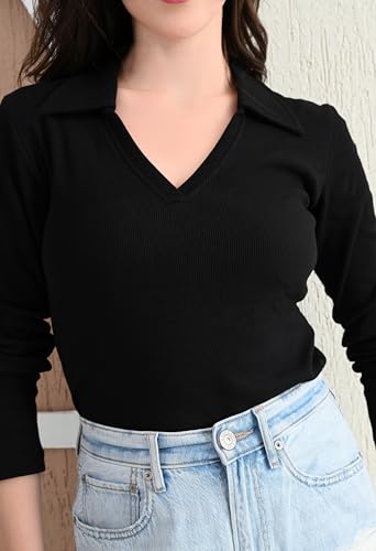 Image of Women's V-Neck Collar Full Sleeve Ribbed Top - Pure Cotton, All-Season, Comfortable & Stylish(Black,XXL)