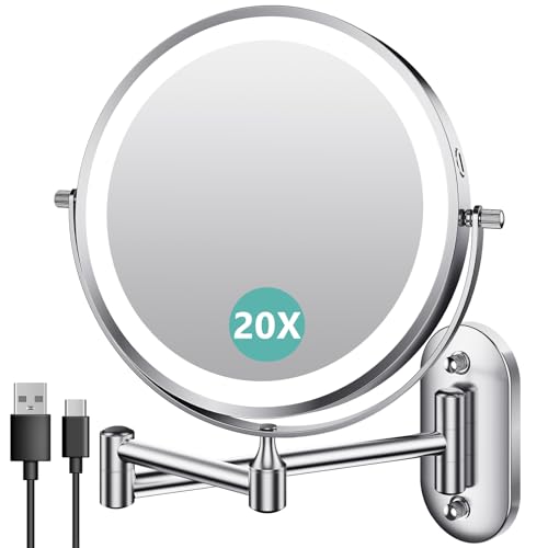 Auxmir - Auxmir 1X/20X Wall Mounted Makeup Mirror with Light, 3200mAh Rechargeable 8" Double Sided Magnifying Lighted Vanity Mirror, 3 Color Lights Dimmable Bathroom Wall Mounted Mirror Extendable Arm, Chrome - -18%