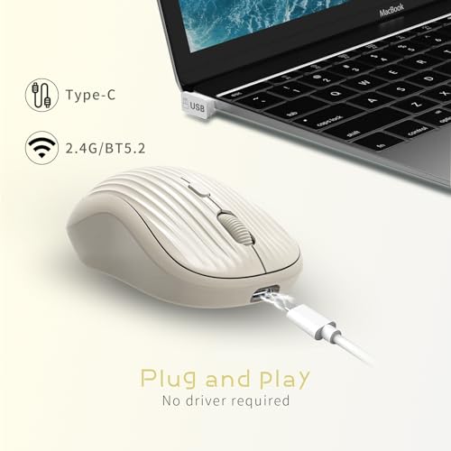 Image of ONE-UP Wireless Mouse, 2.4G + Bluetooth, Rechargeable Battery, 4-Key, DPI: 800 /1200 /1600, Silent, Type-C, USB Nano Receiver, Ergonomic, Portable, for Laptop, Chromebook, PC, Mac, Windows (Beige)