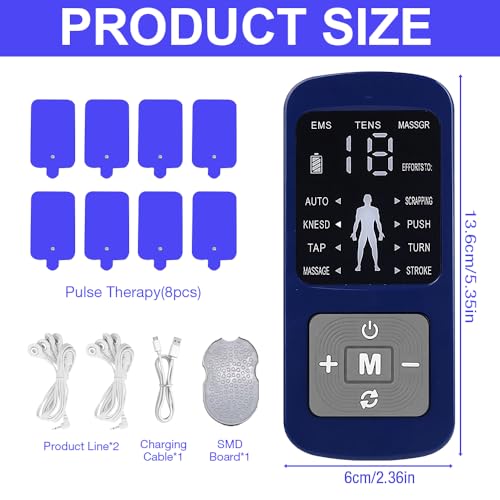 XPJBKC TENS EMS Gerät, Wiederaufladbare Reizstromgerät mit 8 Elektroden Pads, 2 Kanäle, 8 Modi & 19 Stärkestufen, Massage für Muskeltraining, Schmerzlinderung