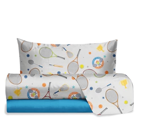 hermet Jolly Parure de lit 1 Personne Tennis, 100% Coton, Drap Housse + Drap Housse + taie d'oreiller, Parure de lit Fantaisie Chambre