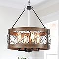 4-Light Farmhouse Chandelier for Dining Room, 17.7 inch Metal Drum Chandelier with Vintage Wood Texture, Rustic Hanging Light Fixture for Kitchen Living Room Entryway Foyer