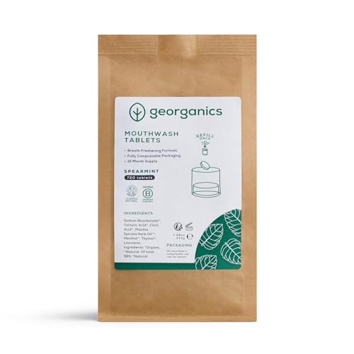 Georganics - Pastillas Orgánicas de Enjuague Bucal - Tabletas Refrescantes para el Aliento con Bicarbonato de Sodio y Mentol - Vegano y Cruelty Free, sin Flúor et SLS - Menta Verde - 180 Tabletas
