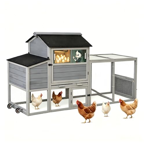 Image of COZIWOW 82 inch Large Wooden Chicken Coop, Mobile Rabbit Hutch with Wheels, Weatherproof Asphalt Roof Hen House, Sunshine Board, Ramp, Openable Top, Pull-Out Tray, Indoor Bunny Cage (Gray)