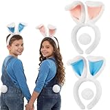 Zeyune 2pcs/4pcs Easter Bunny Ears Headband for Kid with Pom Tail Bunny Cartoon Toy Character Cosplay for Toddler Girl(4 Pcs,White,Blue)