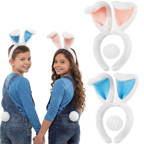 Zeyune 2pcs/4pcs Easter Bunny Ears Headband for Kid with Pom Tail Bunny Cartoon Toy Character Cosplay for Toddler Girl(4 Pcs,White,Blue)