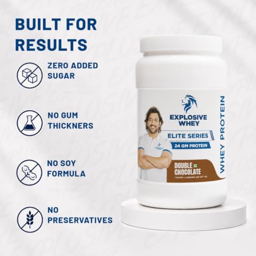 Image of Explosive Whey Elite Series Whey Protein - Trusted by M.S. Dhoni | 24g Protein per Scoop | Premium Concentrate Sport Supplement for Enhanced Muscle Growth and Recovery | Double Chocolate - 2kg (60 Servings), Trustified Certified