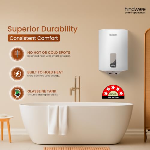 Image of Hindware Smart Appliances Xceed Plus 15 L Storage Water Geyser with Glass-Lined Tank | 5 Star BEE Energy Rating and Temperature control knob (White and Grey)