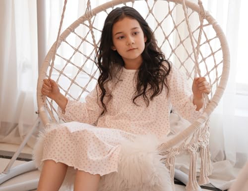 BANGSAUR Girls' White Dress, Princess Cotton Long Sleeve Nightdress,3-12 Years3