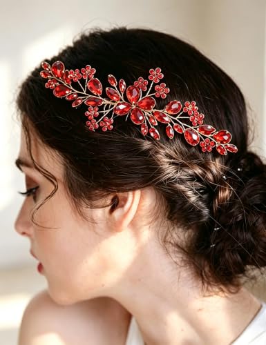 BERYUAN Teardrop Flower Crystal Hair Comb for Women Cute Crystal Comb for Bride RED