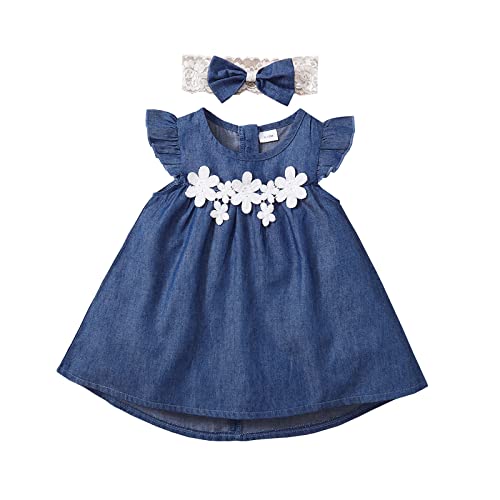 Image of Infant Baby Girl Flying Sleeve Lace Flower Decorated Back Zipper Denim Dress + Headband Outfit Sets (Dark Blue, 6-9 Months)