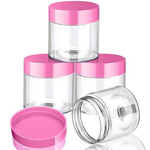 Image of Patelai 4 Pcs Plastic Jars Wide Mouth with Lids,2 Ounce,Pink | Travel Size for Creams Oils, Clear Round Storage Cosmetics Containers, Leak Proof Screw on Lids for Makeup Beauty DIY