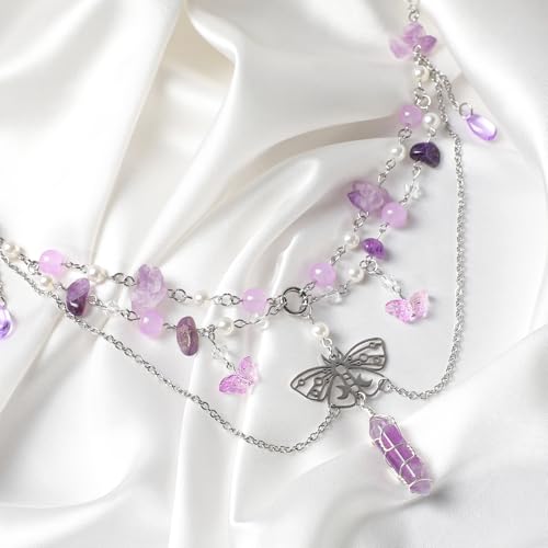 MOSTORY Fairy Ren Faire Necklace - Purple Layered Beaded Necklaces for Women Crystal Charm Necklace for Renaissance Ren Faire Fairycore Aesthetic Elf Cosplay Photo Shoot Halloween3