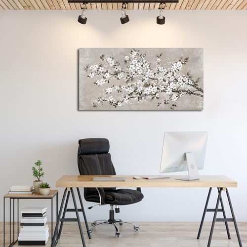 Image of VEAEE White Blossom Branches Wall Art, Floral Canvas Prints, Living Room Decor Abstract Flowers Painting Canvas Pictues, Contemporary Artwork Bedroom Office Kitchen Wall Decor Ready to Hang 20 inchx40 inch