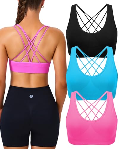 Image of Women's Cross Back Sport Bras, Seamless Padded Strappy High Support Yoga | Removable Pads, 4-Way Stretch, A-DD Cup, Full Coverage, Scoop Neck, Cropped Bra, Sweat-Wicking, Pull-on, for Yoga Gym Workout