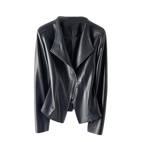 Women Genuine Leather Sheepskin Short Slim Zipper Suit Collar Leather Jacket Office Lady Style V Neck Long Sleeve Jacket