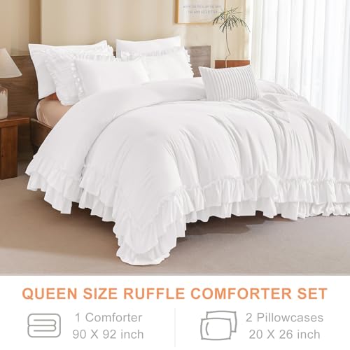 Image of QSH 3PCs Natural White Ruffled Comforter Queen Size, Farmhouse Shabby Boho Chic Ruffle Bedding Comforter Set Queen French Country Comforter Lightweight Ultra Soft Microfiber Fluffy Bedding