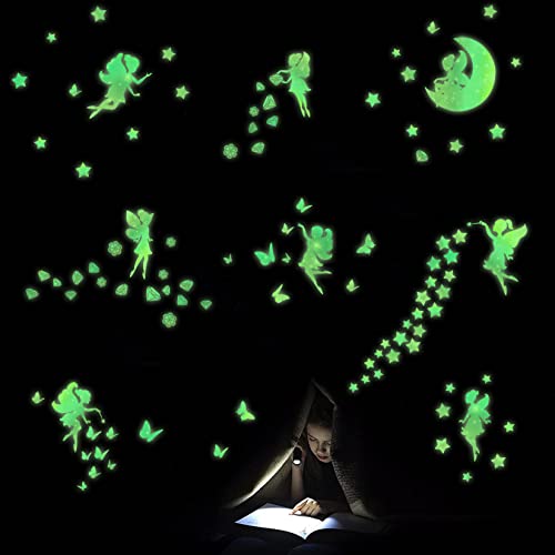 TOARTI Leuchtender Elfe Wandaufkleber,Leuchtend Aufkleber für Mädchen Schlafzimmer,Leuchtsterne Selbstklebend Wandtattoo für Babyzimmer,Schmetterling Fluoreszierend Wohnzimmer Wanddeko Geschenke