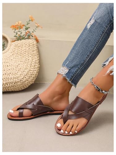 GORGLITTER Women's Leather Toe Ring Sandals Dressy Cute Summer Slip on Slides Wide Width Beach Vacation Flats Sandals4