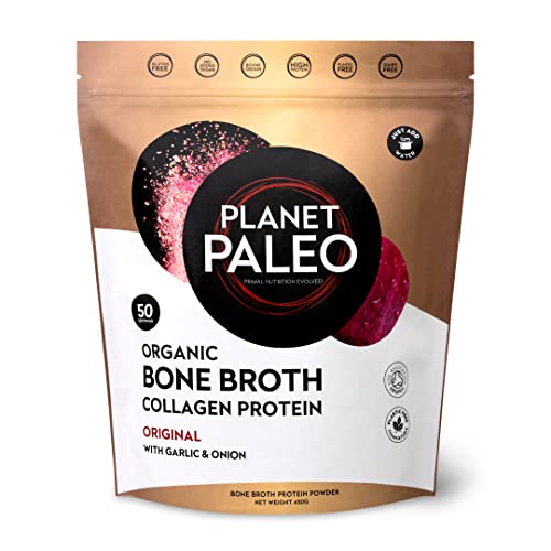 Planet Paleo Organic Bone Broth Collagen Protein Powder (450g, 50 Servings) Original with Garlic & Onion, Grass-Fed, Keto, Low Carb, High Protein Drink or Add to Soups & Savoury Recipes