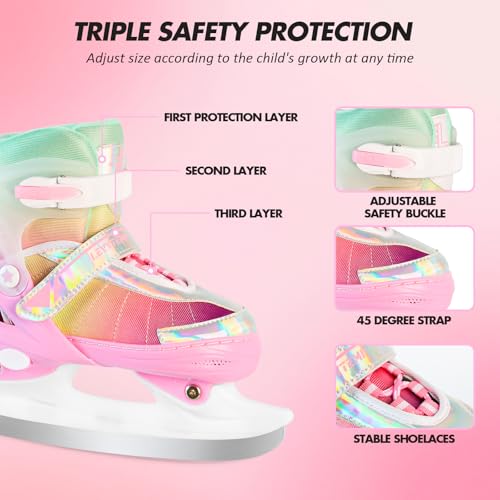 image for LEVYTEMP Adjustable Ice Skates for Kids Girls Boys -Gradient Pink Rain
