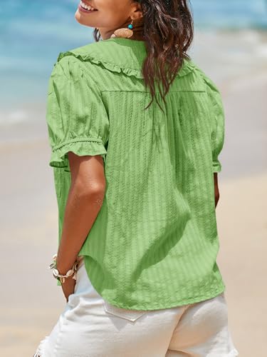 Image of Tankaneo Womens Puff Sleeve Shirts Peter Pan Collar Button Down Cotton Blouse Casual Summer Textured Tops