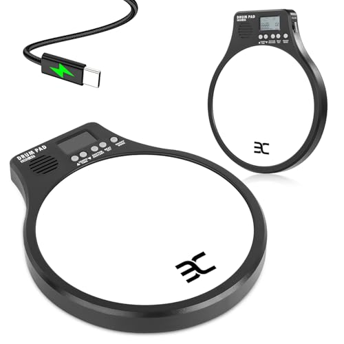 EX [3-IN-1] Portable Digital Electronic Drum Pad, with [Metronome, Speed Detection & Tap Counting] 10″ TPR Practice Pad, White