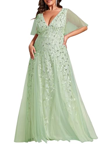 Image of Ever-Pretty Women's Sequin V Neck Plus Size Formal Dresses Evening Gown | Short Sleeve, A-Line, Empire Waist, Plus Size Mother of the Bride Dresses, Plus Size Gala Dress