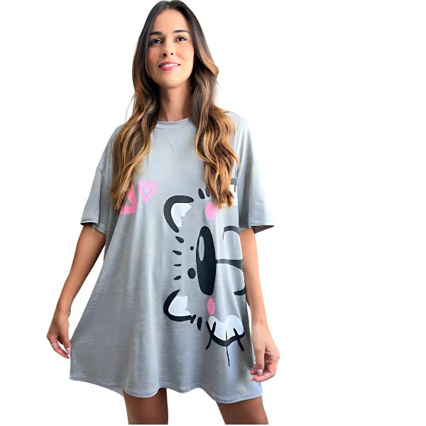 Camisola Feminina De Dormir Camisetão Verão Gatinho Cinza