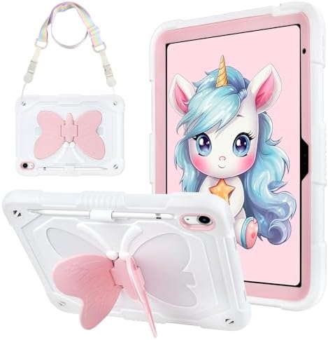 WESADN for iPad A16 Case 11 inch 2025 for iPad 10th Generation Case 10.9 inch 2022 with Kickstand Butterfly Wings Lanyard Carrying Strap Rugged Cases Pencil Holder Girls Kids Cover, White Pink