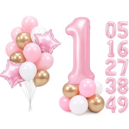 Image of PartyWoo Baby Pink Number 1 Balloon 40 Inch 25pcs Pink Foil Star White Gold