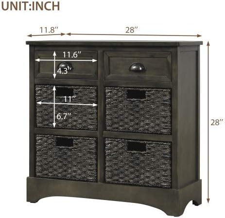 Miniatura 16 de TRIPLE TREE Armario de almacenamiento rústico, armario de madera con 2 cajones y 4 cestas de ratán, mesa de consola de entrada, mesa de sofá para
