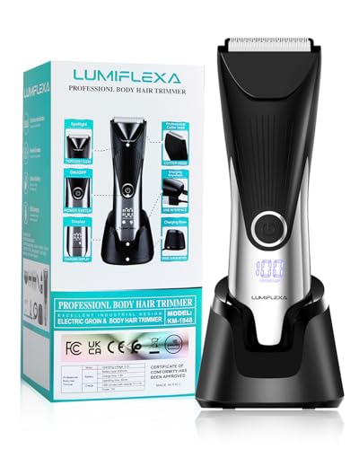 Lumiflexa Body Hair Trimmer, LED Display, 6500 RPM Motor Manscaper for Men, 3 Adjustable Combs, USB & Dock Charging, IPX7 Waterproof Body Hair Groomers, Wet or Dry Use for Groin/Legs/Chest