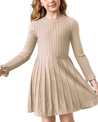 Pengfei Little Girls Knit Sweater Dress Long Sleeve Ribbed Ruffle Dress Kids Pullover Dresses