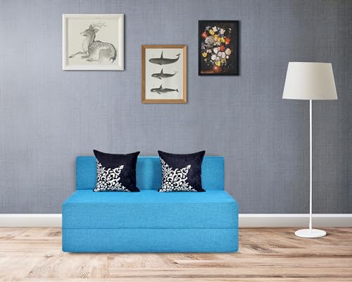 Image of Foldable Two Seater Sofa Bed 4X6 Ft Jute Fabric Washable Cover Convertible Sofa Bed for Home & Office, Guest Room (Finish Color Sky Blue - Pre-Assembled)