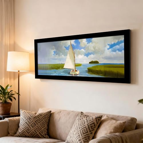 Image of PAINTINGMANTRA Swamp Area with Sailboat Landscape Wall Art Framed Luxury Paintings for Home Decoration, Living room, Bedroom and Office Decoration (99x38 CM)