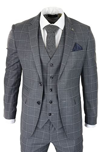 Mens Grey Check 3 Piece Suit Vintage Retro Smart Wedding Classic Tailored Fit Light2