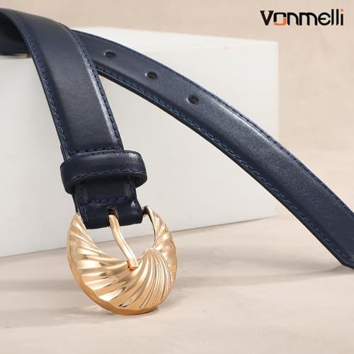 VONMELLI Leather Belt for Women Jeans Pants Dresses Fashion Casual Waist Ladies Belt with Gold Buckle, Navy S — view 3