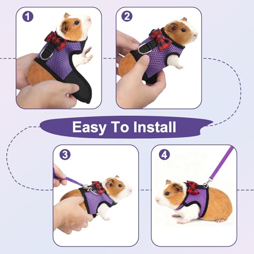Image of Guinea Pig Harness and Leash，2packs Guinea Pig Clothes Baby Ferret Rats Hamster Soft Mesh Harness Leash for Decoration，Hamster Harness can be Adjusted to Any Size. (Pink + Purple)