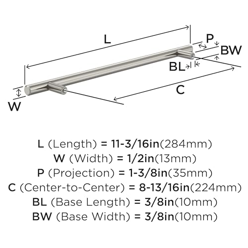 Image of Amerock 8-13 /16 inch Bar Pulls Satin Nickel Drawer Pull | 8-13 /16 inch (224mm) Center-to-Center Mounting Distance and 11-3 /16 inch Overall Length, Durable Carbon Steel Cabinet Hardware