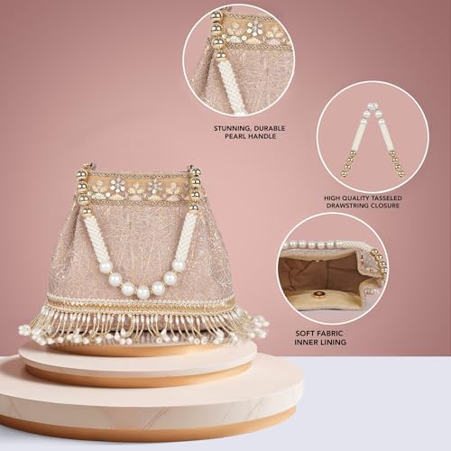 Image of Nevis PU Silk Fabric Women's Embellished Potli Bag with Pearl Handle & Fringe Detailing | Designe Wedding & Festive Handbag