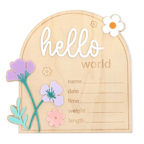 Image of Daisy Hello World Wooden Card - Baby Girls Birth Announcement Board,Newborn Information Record For Hospitals,Daisy Milestone Card Photo Props,Welcome Baby Party Nursery Decorations (hello world card)