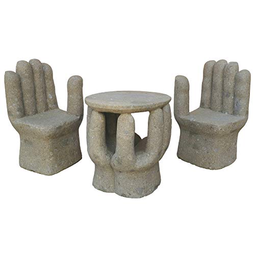 STONE art & more Ensemble de jardin 3 pièces, main abstraite, 2 sièges et 1 table, pierre de lave verte, basanite, sculpture sur pierre, résistant au gel