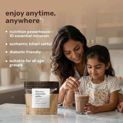Image of fitlicious Chocolate Sattu Powder | Bihari Chana Sattu | Natural & Organic | Gluten-Free, Non-GMO | High Protein & Fiber | Instant PremiX | Healthy Drink For All Ages | Pack Of 20 X 40g Sachets